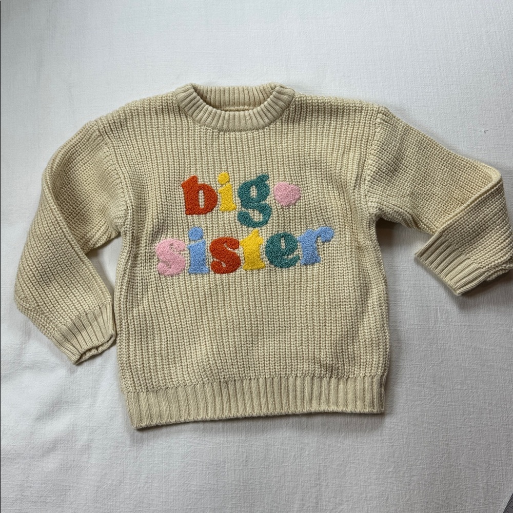Big Sister Chenille Patch Chunky Knit‎ Sweater Cream Toddler Kids Crewneck